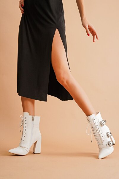 Ayakkabı Ateşi Mostari Beyaz Kroko Tokalı Kadın Bot