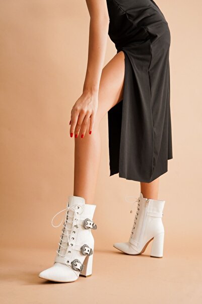 Ayakkabı Ateşi Mostari Beyaz Kroko Tokalı Kadın Bot