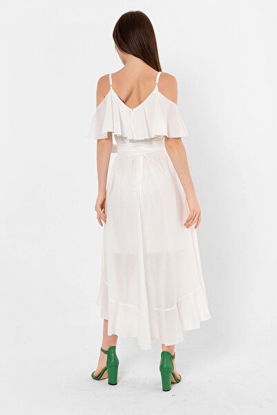 Laranor Біла сукня з регульованим коміром на бретельках і асиметричним воланом на подолі