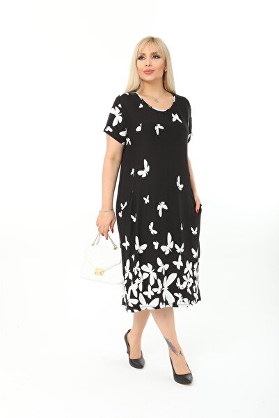 Mami Plus Size Short Sleeve Above Knee Double Pocket Standard Size Viscose Combed Cotton Dress