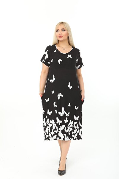 Mami Plus Size Short Sleeve Above Knee Double Pocket Standard Size Viscose Combed Cotton Dress