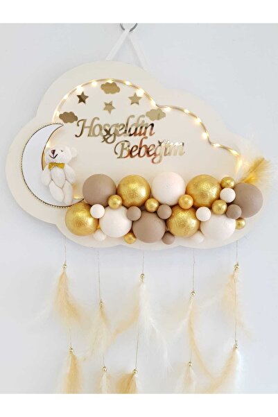 Baby Desing Trend Kapı Süsü Ledli Bubble Ayıcıklı Ahşap Bulut Pano