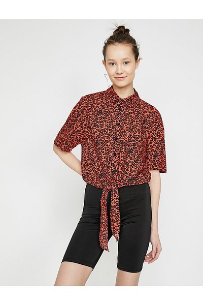 Koton Women's Orange Short Sleeve Classic Collar Leopard Patterned Shirt 9YAL68392IW
