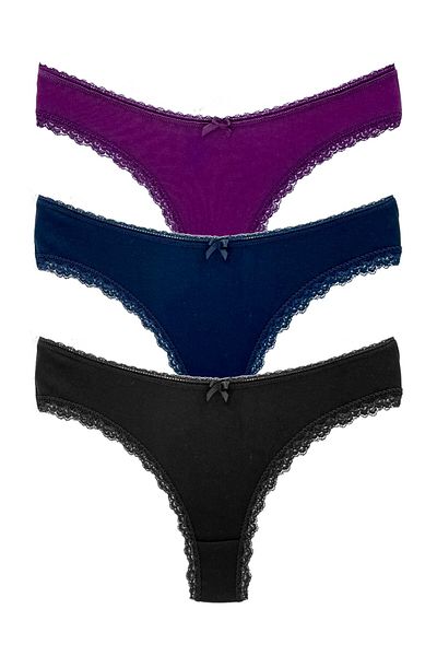 HNX 3-Piece Brazilian Women's Panties with Cotton Leg and Lace Detail on the Waist