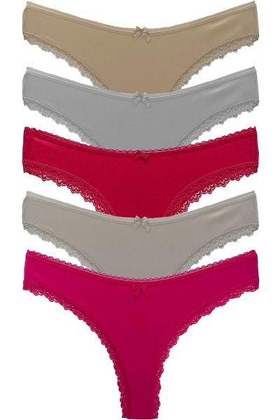 HNX 5-Piece Brazilian Women's Panties with Cotton Legs and Lace Detail on the Waist