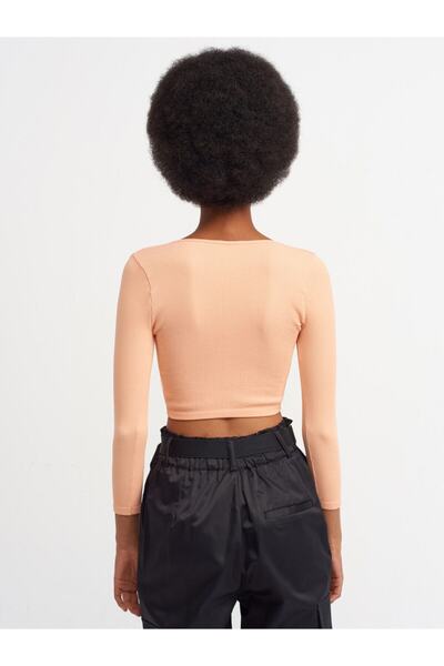 Dilvin 3529 Pool Neck Μακρύ μανίκι Crop Top-ροδακινί