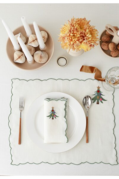 KM Home Collection 4lü Yılbaşı Temalı Çam Ağacı Işlemeli %100 Keten Peçete 40...