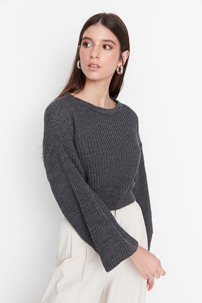 Trendyol Collection Anthracite Crop Spanish Sleeve Knitwear Sweater TWOAW20KZ0743