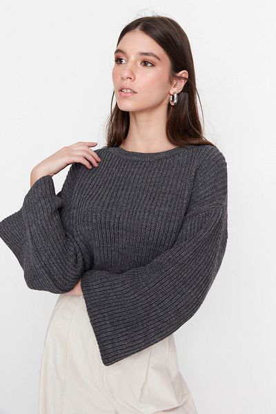 Trendyol Collection Anthracite Crop Spanish Sleeve Knitwear Sweater TWOAW20KZ0743