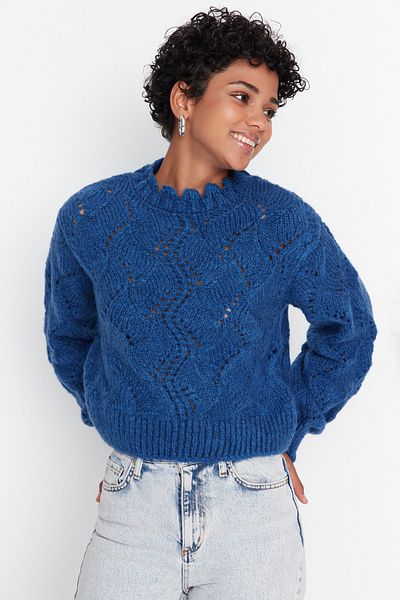 Trendyol Collection Pulover din tricotaje indigo - Textura moale, ajurata si gaura TWOAW23KZ01447