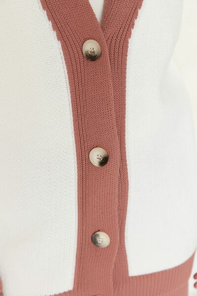 Trendyol Modest Szárított rózsa csíkos részletes kardigán-nadrág kötöttáru szett TCTAW22AU0156