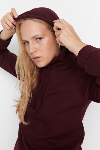 Trendyol Collection Tenká pletená mikina Plum Basic s kapucí TWOAW20SW0059