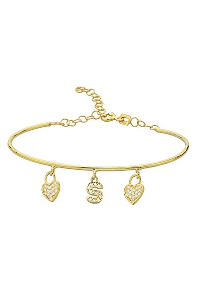 Argentum Concept 18k Altın Kaplamalı 925 Ayar Gümüş Kalpli S Harfi Kelepçe Bi...