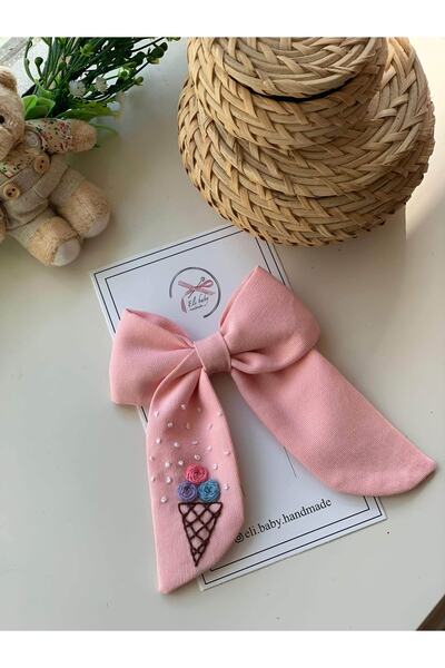 Eli baby handmade Pembe Dondurma Işlemeli Fiyonk Toka