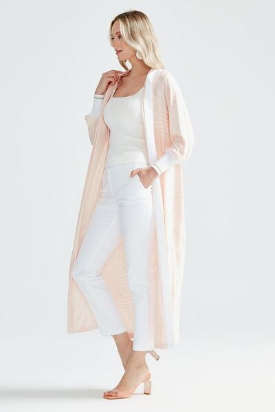 Tığ Triko Kapişonlu Desenli Hırka Pudra