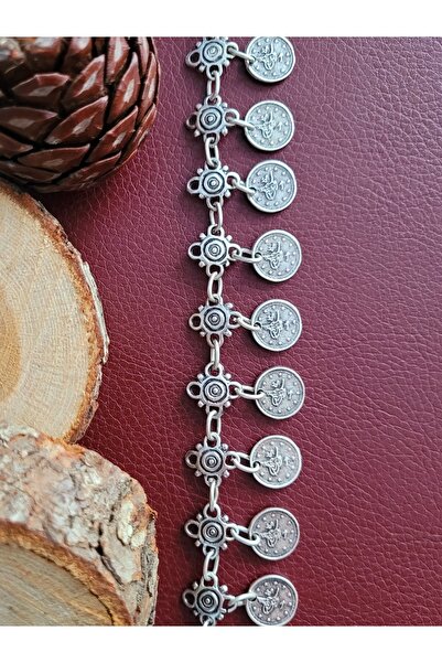 Antique Dolunay Antik Gümüş Kaplama El Yapımı Tuğralı Çiçek Boncuklu Tuğra Şekilli Kadın Halhal