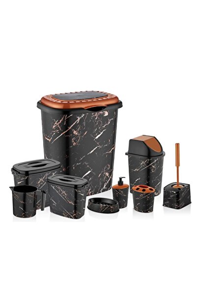 abnturk Siyah Mermer Desen 9 Parça Banyo Çamaşır Seti Kirli Sepeti+deterjanlı...
