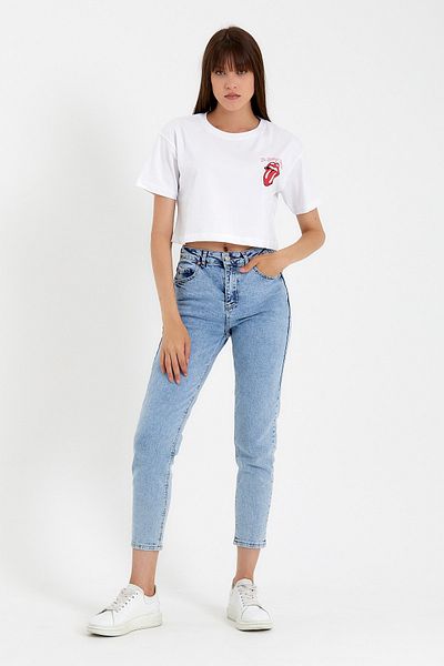 Tarz Cool Tricou alb cu limbă pentru femei în față spate cu imprimeu crop-xdlbyntstr02s