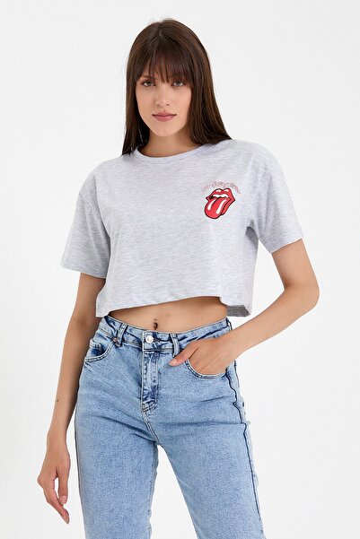 Tarz Cool Gray Women's Tongue Front Back Printed Crop Tshirt-xdlbyntstr03s