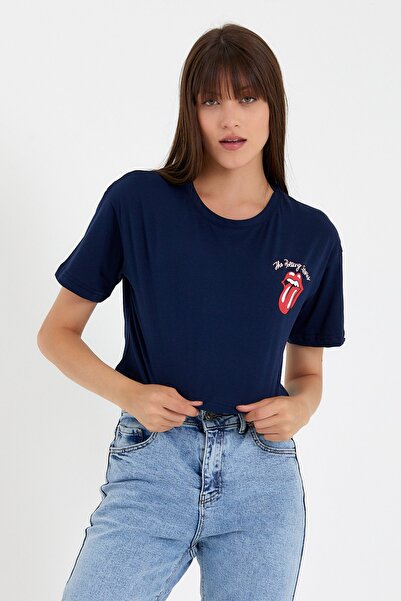 Tarz Cool Μπλουζάκι γυναικείας γλώσσας Navy Blue εμπρός πίσω με στάμπα Crop Tshirt-xdlbyntstr04m