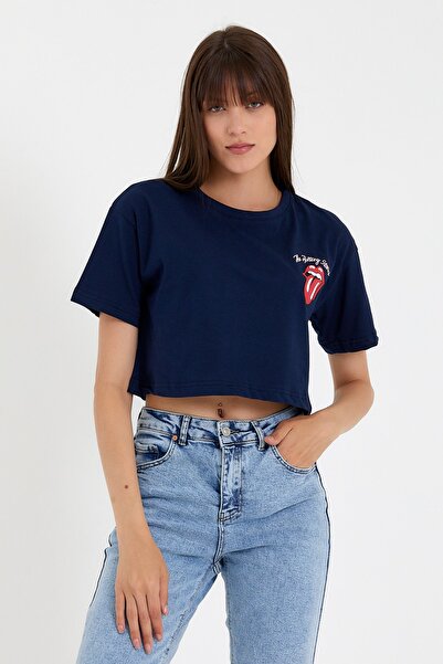 Tarz Cool Μπλουζάκι γυναικείας γλώσσας Navy Blue εμπρός πίσω με στάμπα Crop Tshirt-xdlbyntstr04m