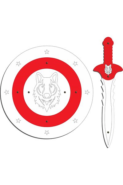 Ahtek Wooden Toy Set of 2, Shield and Sword with Wolf Figure