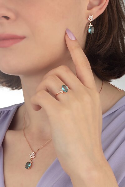 Miavi Silver 925 Ayar Gümüş Oval Aquamarine Taş Model Lotus Takı Seti