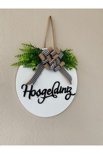 HOBİ55 Στολίδι πόρτας Welcome Λευκό Δώρο Με Φύλλα 58