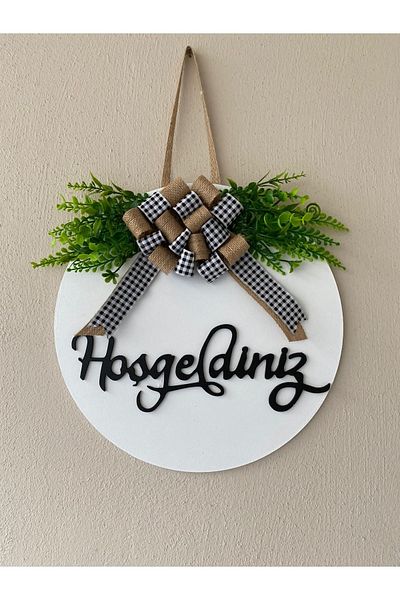HOBİ55 Στολίδι πόρτας Welcome Λευκό Δώρο Με Φύλλα 58