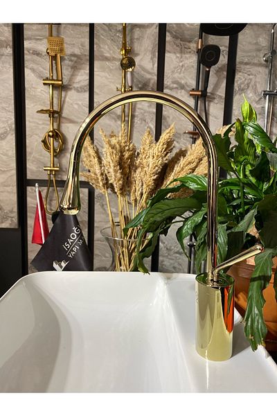 İSAOĞLU YAPI Shiny Gold Drop Design Kitchen and Bathroom Faucet Gold Sink Faucet Gold Sink Mixer