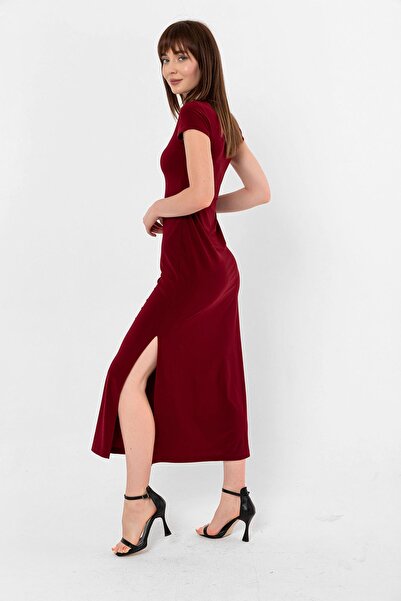 Laranor Claret Red Crew Neck Slit Detail Dress