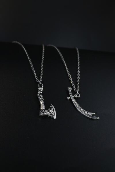 Dukkanka Gümüş Kaplama 2'li Kılıç Ve Küçük Viking Balta Kolye Seti 2'li Yok E...