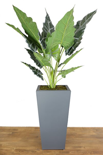 Yapay Çiçek Deposu Yapay Dev Alocasia Bitkisi Ahşap Saksıda 145 cm Yeşil-Gri ...