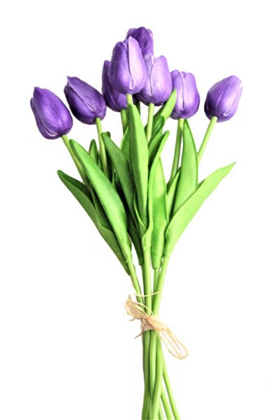 Yapay Çiçek Deposu Yapay 8li Islak Lale Buketi Gerçek Doku Mor