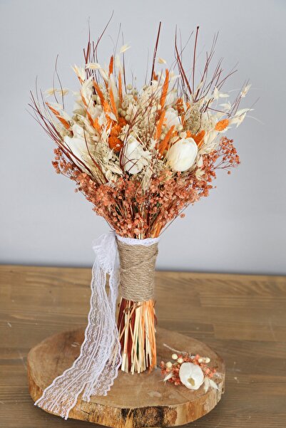 Yapay Çiçek Deposu Lale Gelin Buketi Kuru Çiçekli Turuncu Tonlar(zoziva)