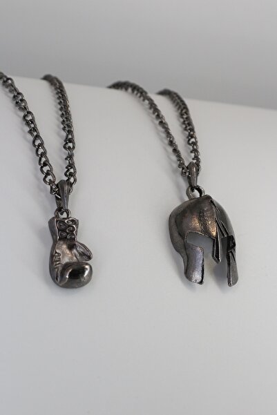 Dukkanka 2'li Yaralı Miğfer Ve Boks Eldiven Metalik Siyah Kolye Seti