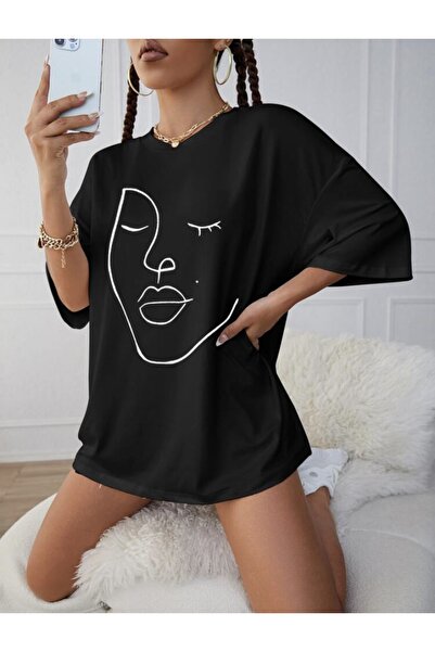 LOUİSA Oversize γυναικείο μπλουζάκι με μαύρο στάμπα