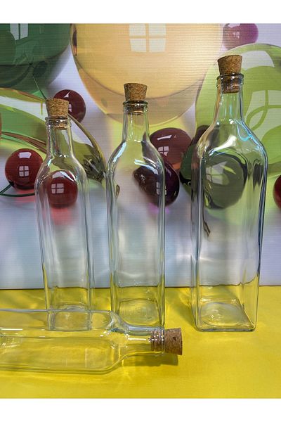 Şişecam 4-Piece Olive Oil Bottle Set with Cork Stopper - 250 Cc 500 Cc 750 Cc 1000 Cc