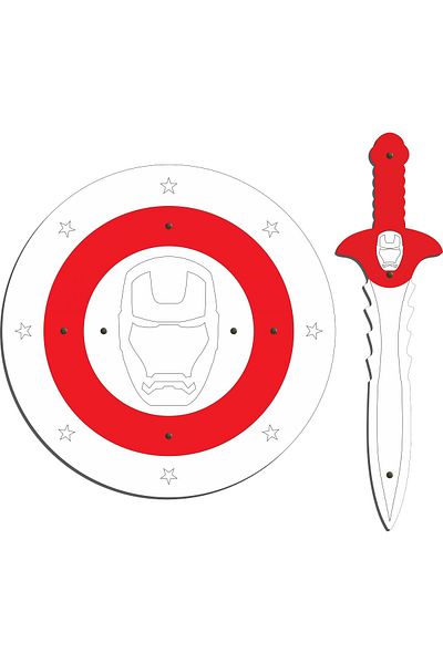 Ahtek Wooden Toy Set of 2, Iron Man Figure Shield and Sword
