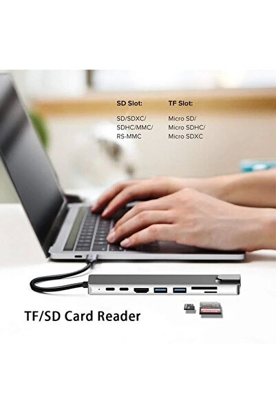 Grc Accessory Macbook Pro Air Usb Type-c Hub Dönüştürücü Çevirici Çoklayıcı Usb Hdmı Micro Sd 8 Girişli