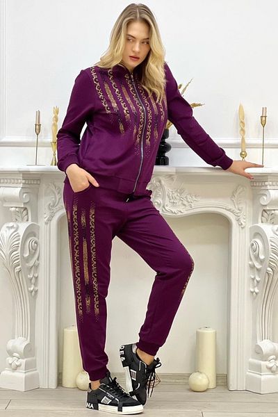 RICH GLAM Дамски памучен анцуг от две прежди с голям размер Plum Leopard Crystal Stone