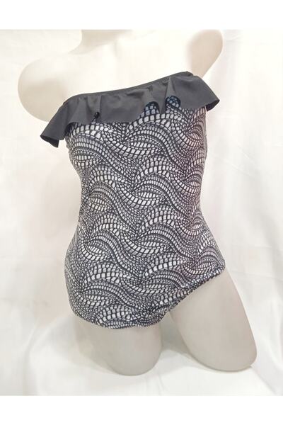 MasmaviMilla Γυναικείο μαγιό στράπλες με μαύρο και λευκό σχέδιο φύλλων και φο...