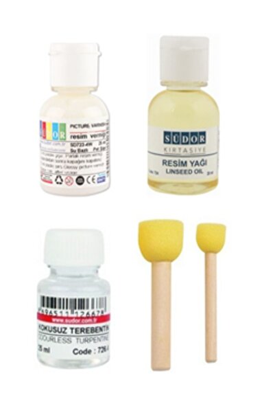 sepmay Resim Yağı Vernik Terebentin Sünger Tampon Ponpon Fırça Seti 25 ml