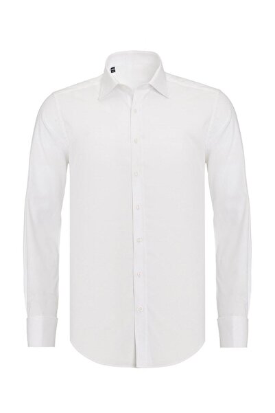 R-Germen Men's White Double Cuff Sleeve Button Slim Fit Shirt