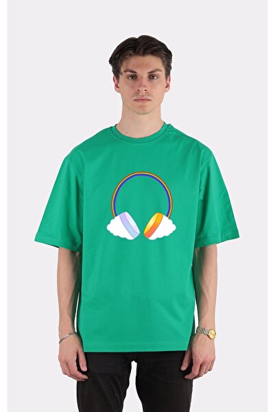 GreenMint تي شيرت أخضر كبير الحجم - رقبة دائرية، قمر قوس قزح، سماعات موسيقى D...