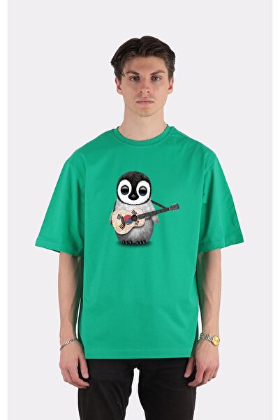 GreenMint تي شيرت أخضر كبير الحجم برقبة دائرية للأطفال البطريق يلعب العلم الك...