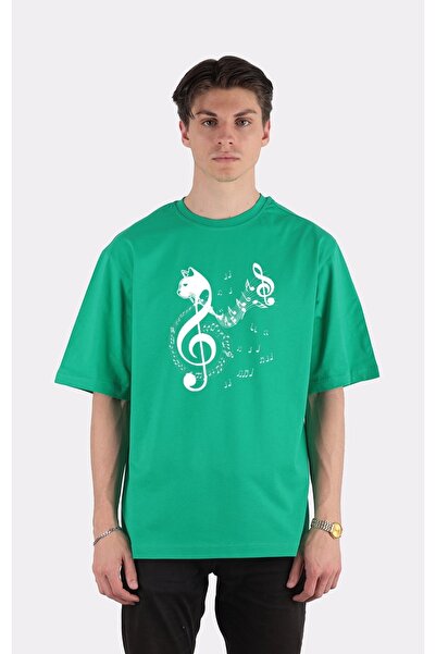 GreenMint تي شيرت أخضر كبير الحجم برقبة دائرية&amp; القطط عاشق تريل المفتاح ا...