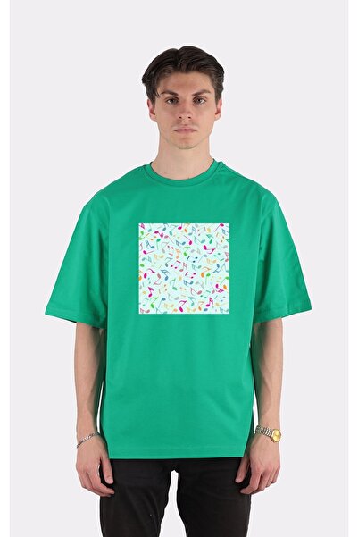 GreenMint تي شيرت أخضر كبير الحجم برقبة دائرية وملاحظات موسيقية ملونة Iı_em1950