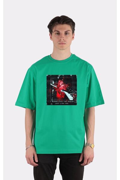 GreenMint تي شيرت أخضر كبير الحجم برقبة دائرية يشعر بالموسيقى_em1364