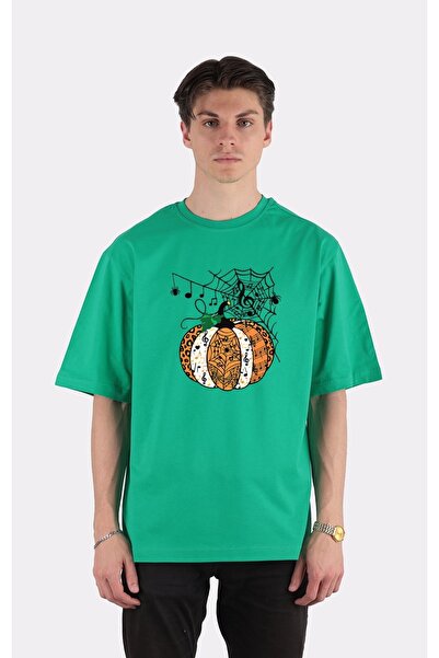 GreenMint تي شيرت أخضر كبير الحجم برقبة دائرية تي شيرت Halloween Pumpkin Musi...